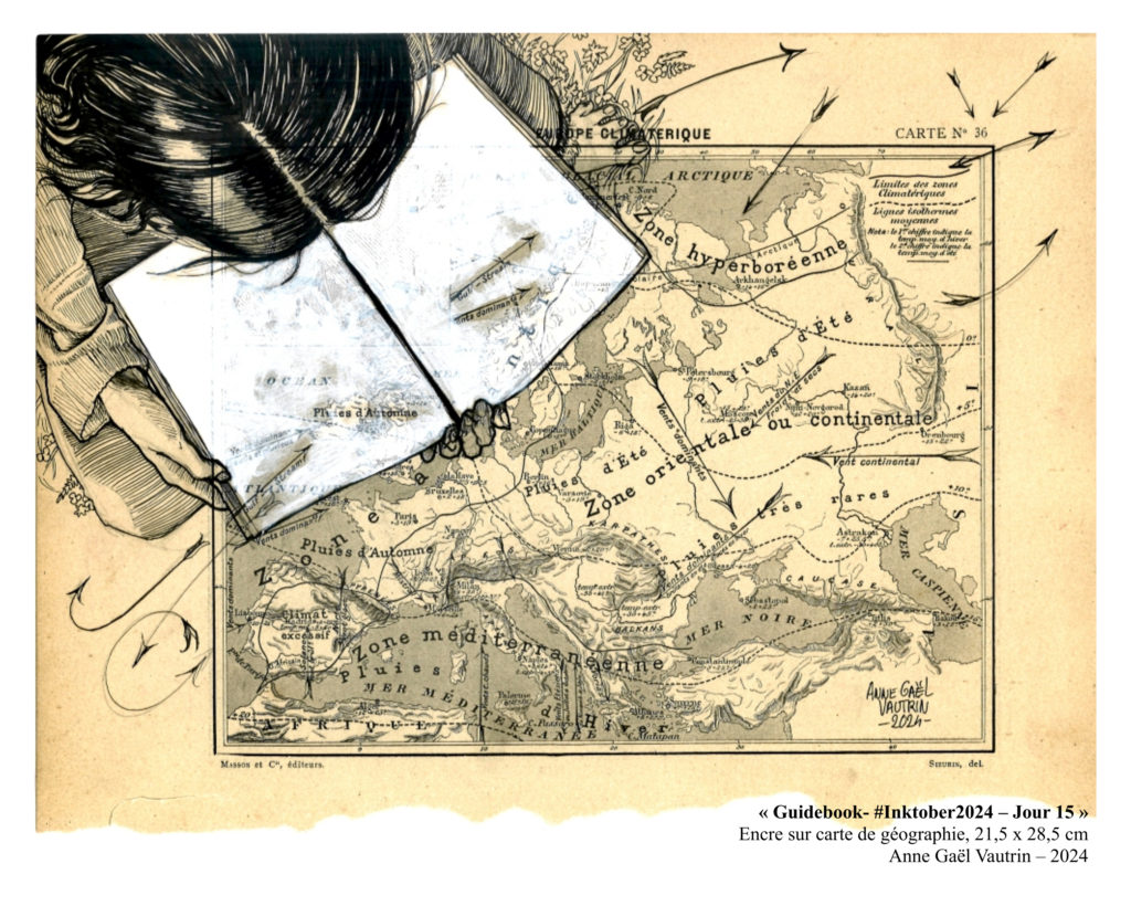 Anne Gaël Vautrin, "Guidebook- #Inktober2024 - Jour 15", Encre sur carte de géographie, 21,5 x 28,5 cm