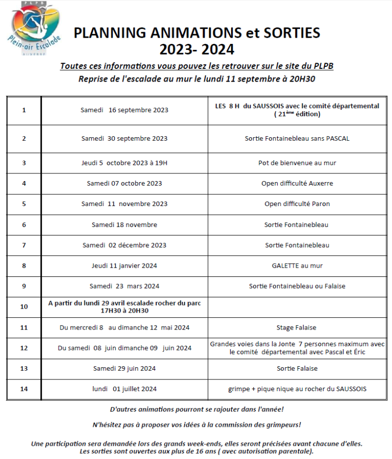 Sorties et stages PLPB Escalade Auxerre